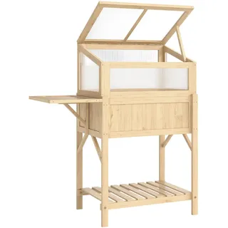 Outsunny Hochbeet mit Frühbeetaufsatz aus Holz Pflanzkasten mit Gewächshaus Seitentisch , Naturfarben , 50x120x104 cm , Gartenzubehör, Hochbeete