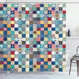 ABAKUHAUS marokkanisch Duschvorhang, Aufwändige Patchwork-Motiv, Stoffliches Gewebe Badezimmerdekorationsset mit Haken, 175 x 200 cm, Teal Blau Orange