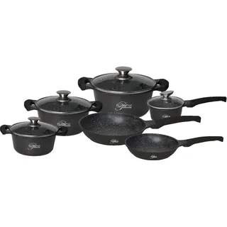 cofi1453® 10-Teilig Kochgeschirr-Set Topf Induktion Alu Guss Pfanne Topfset Kochtopfset Marmor Schwarz - Schwarz