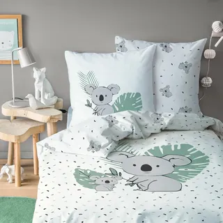 MTOnlinehandel Koala Bettwäsche 135x200 Flanell, Biber, Kinderbettwäsche Mia & Max, Winterbettwäsche für Mädchen und Jungen, 1x Kissenbezug 80x80 + Bettbezug 135x200, 100% Baumwolle Safari (Koala)