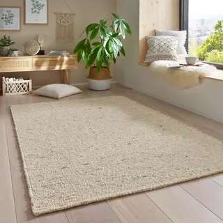 Taracarpet Gewalkter Wollteppich Lambrecht Handgewebt Wohnzimmer – Handwebteppich Schurwolle – Webteppich Wolle Natur für Schlafzimmer, Esszimmer, Küche Beige meliert 170 x 230 cm