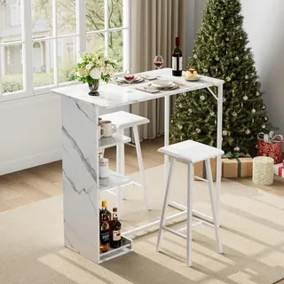 Platzsparendes 3-Teiliges Esszimmer-Set Mit 2 Barhockern Und 1 Tisch, Esstisch Mit 3 Ablagen Und Metallgestell, Gepolsterte Barhocker Aus PU-Leder, Für Esszimmer Und Kleine Räume, 91,5 x 50 x 90 cm