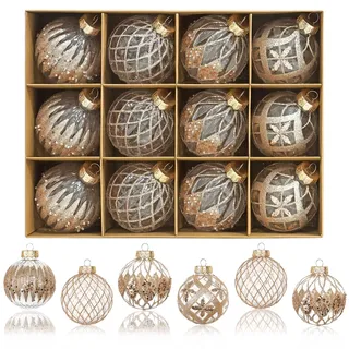 Dremisland 12 Stück Champagner Weihnachtskugeln 80mm Christbaumkugeln Bruchsicher Christbaumschmuck Christbaumkugeln Weihnachtsbaumkugeln Glitzer Kugeln Weihnachten Deko für Weihnachtsbaum Deko