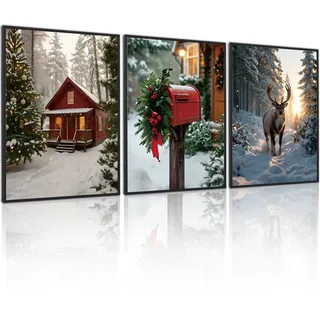 kollyseek Poster Wandbilder Wohnzimmer Modern -3 pcs 30x40cm Weihnachten Hirsch Set wohnzimmer deko Leinwand Wohnzimmer Wanddekoration (Ohne Rahmen 30x40cm)
