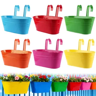 DAJAVE 6 Stück Metall Blumentopf Hängend, 27.5cm Hängeblumentopf, Hängende Blumentöpfe, Blumentopf Balkongeländer Große Blumenkasten Hängend Für Balkon Zaun Garten (Farbe 2)