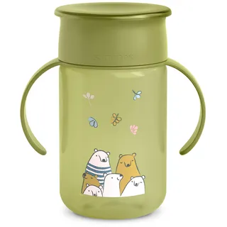 Suavinex Suavinex, Lernbecher für Kinder, auslaufsicher 360°, schmutzabweisend, mit Griffen und Deckel, spülmaschinen- und Mikrowellengeeignet, 340 ml, My Family Grün