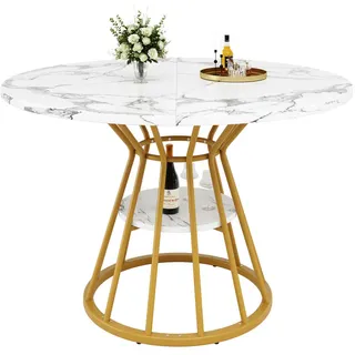 Redom Esstisch, MDF in Marmoroptik mit Ablagefläche & Metallgestell, Ø 100/76 cm, Gold , Goldfarben , Holzwerkstoff , 100x76x100 cm , Esszimmer, Esstische