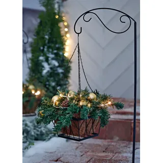Metall Gartenstecker mit Blumenampel & Gesteck + LED Beleuchtung, Schäferstock mit Haken, Weihnachtsdeko, Gartendeko für Draußen - Schwarz