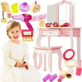 Rosa Schminktisch aus Holz, dreifacher Spiegel, Schublade + Stuhl + 8 Accessoires - Rosa