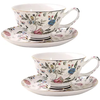 MIATTCLD Kaffeetasse mit Untertasse 2 Satz von, Florale Porzellan Kaffeetassen Vintage Kaffeebecher Bone China Teetassen Set Nachmittagstee Geschenk Becher Set, 200ml (D)