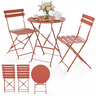 VOUNOT® Bistroset 3-teilig, Klappbar Bistrotisch mit 2 Stühlen, Metall Bistro Set Outdoor, Gartenmöbel Set, Sitzgruppe für Balkon, Terrasse, Garten & Wohnraum, UV- und wetterfest, Ziegelrot