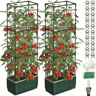 MQJIAZHI 2 Stück Tomatentopf mit Rankhilfe, 130cm Selbstbewässernder Pflanzkübel mit Rankgitter, Garten Spalier mit Pflanzkasten, Hochbeet für Kletterpflanzen, Gemüse Kübel für Balkon und Garten