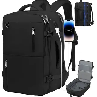hdeye Reiserucksack für Damen und Herren, Großer Handgepäck-Rucksack, Erweiterbare Handgepäcktasche, 17-Zoll-Laptop-Rucksack für Reisen, Wandern im Freien, Schwarz