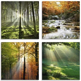 ARTland Wanddeko Glasbilder Wandbild Glas Bild 4er Set 4 teilig je Natur Landschaft Wald Baum Grün Gras Wasserfall Herbst Sonne S6MK