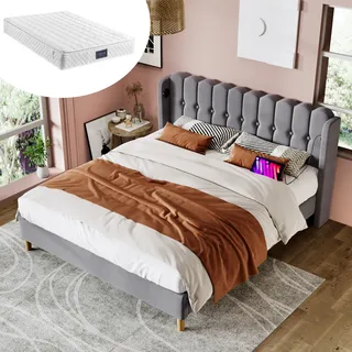 okwish Classic Polsterbett 90 x 200 cm, Einzelbett mit USB Typ C Aufladung, Lattenrost, Jugendbett, Samt, Grau (mit Matratze) - Grau