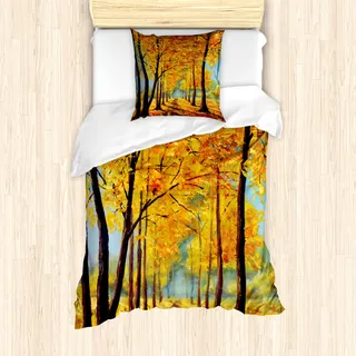ABAKUHAUS Land Mantele, Naturpark Herbst-Fall, Milbensicher Allergiker geeignet mit Kissenbezügen, 135 cm x 200 cm - 80 x 80 cm, Gelb Braun - Gelb