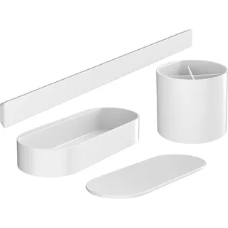 Hansgrohe WallStoris - Badezimmerset, Zubehör Set für das Bad ohne bohren, 4-teilig, Wandstange, Ablagekorb, Deckel, Zahnputzbecher, Badezimmer Zubehör, Mattweiß, 27968700