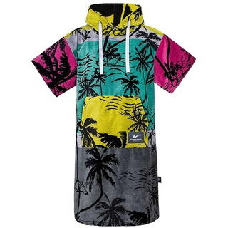 ATLANTIC SHORE | Surf Poncho | Badeponcho mit Kapuze aus 100% Baumwolle | Unisex | Palm Tree für Erwachsene in Pink/Yellow | Long (ab 175 cm)