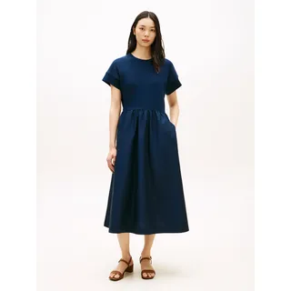 A-Linien-Kleid TOMMY HILFIGER "CODY MIX MEDIA C-NK MIDI DRESS", Damen, Gr. S (36/38), N-Gr, schwarz night navy, Web, Obermaterial: 100% Baumwolle, unifarben, regular fit Midi, Rundhals, Kleider A-Linien-Kleid, in Midi-Länge, Rundhals, Regular Fit