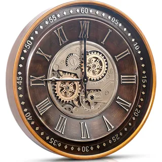 Samilito 61 cm Wanduhr mit echten beweglichen Zahnrädern,antike goldene große römische Ziffer, leise Metall-Wanduhr für Wohnzimmerdekoration - Gold