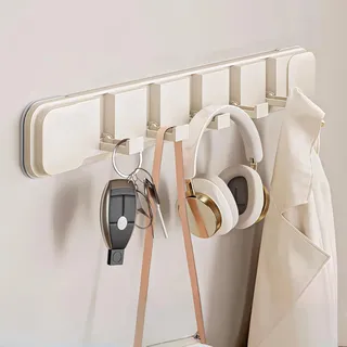 Kleiderhaken Klappbar ohne Bohren, Garderobenhaken mit Saugnapf Haken, Gaderobe Wand mit Klappbar 5 Haken, Moderne Garderobenleiste Platzsparende für Badezimmer Schlafzimmer Wohnzimmer Küche(weiß)