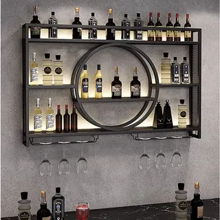 ZHFASDS Wand Montiert Bar Regal,Schwebende Regale Weinregale Industrielles Wandregal Bar Eisen Display StäNder Weinhalter Weinglashalter HäNgender Flaschen Regal(Size:140cm,Color:Schwarz)