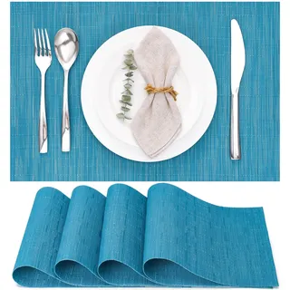 Myir JUN Tischsets Abwaschbar 4er Set, Gewebte Platzdeckchen rutschfest Abgrifffeste Hitzebeständig, Vinyl Platzsets Abwaschbar für küche Speisetisch Hotel, Platz-Matten30x43.5cm (Blau)