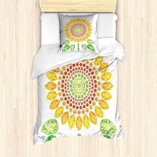 ABAKUHAUS Sonnenblume Bettbezug Set, Runder Sonnenblume Mandala Entwurf Mit Diamant Und Perlen Zahlen Druck, 135 x 200 cm + 80 x 80 cm, Gelb Weiß und Grün