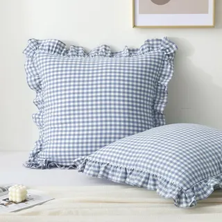 K MASANIJI 2 Stück blau-weiß Karierte Euro-Kissenbezüge, 66 x 66 cm, 100% Baumwolle, kariert, Büffel-Western-Landhaus-Stil, Bett-Kissenbezüge (66 x 66 cm, blau/weiß kariert)
