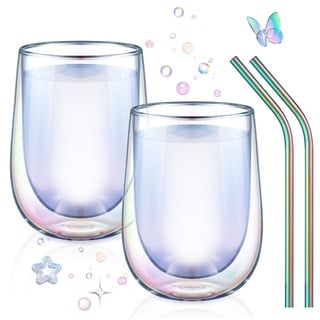 glastal Doppelwandige Kaffeegläser 350ml Latte Macchiato Gläser Bunt Wassergläser 2er Set Trinkgläser Cocktail Gin Gläser Teegläser für Cappuccino Milch, Geburtstag Weihnachten Geschenke für Frauen