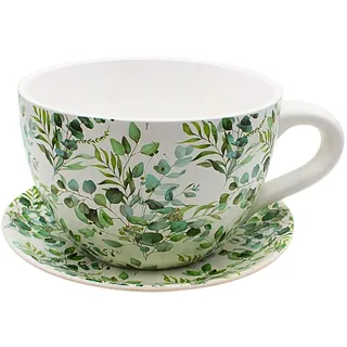 Dekohelden24 XXL Blumentopf, Pflanztasse, Pflanzkübel, Pflanzgefäß, Blumenkübel, Pflanztopf. Übertopf als Tasse mit Griff aus Keramik, Motiv: Ranke, L/B/H 34 x 28 x16 cm.