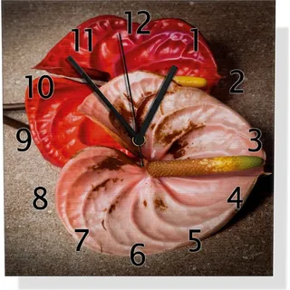 Wallario Design Wanduhr Blüten einer Flamingoblume - Anthurie - auf schwarzem Marmor aus Aluverbund, Größe 30 x 30 cm - Schwarz