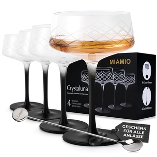 MIAMIO - 280 ml Coupe Gläser 4er Set mit Barlöffel, handgefertigte Kristall Cocktailgläser mit schwarzem Stiel, Cocktail-Gläser, Martini Gläser, Champagner Coupe Gläser - Crystaluna Collection