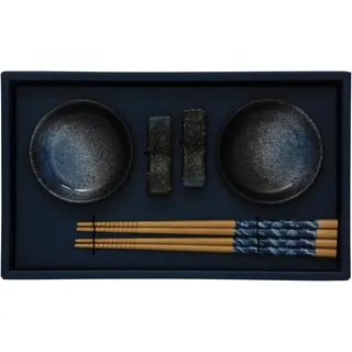 JADE TEMPLE Sushi Set für 2 Personen, 8-teilig, aus Porzellan, blau-grau, Sushi Geschirr Set mit Dipschalen, Ablagebänkchen & Essstäbchen im asiatischen Stil, Geschenkset