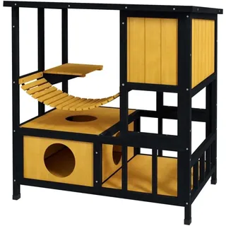 PawHut Outdoor-Katzenhaus Kiefernholz Tannenholz Gelb Schwarz 84,5L x 60B x 88H cm