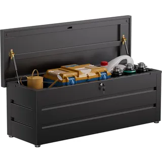 FlairVibe Gartenbox aus Metall in Schwarz 450L | Outdoor Kissenbox für den Garten mit Rostfester Beschichtung | Aufbewahrungsbox/Auflagenbox Wasserdicht für Kissen - 150x52x60cm