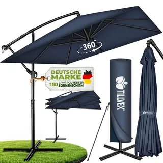 tillvex® Alu Sonnenschirm Rechteckig Ø 330 cm Rot + Abdeckung mit Kurbel | Ampelschirm Eckig mit Ständer | Gartenschirm UV-Schutz Aluminium | Kurbelschirm Marktschirm wasserdicht 360° drehbar - Blau