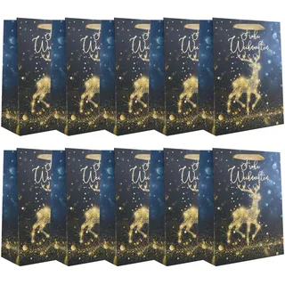 Idena 30495-10 - Geschenktüten Frohe Weihnachten, 10 Stück, Geschenktaschen in der Größe 18 x 23 x 8 cm, Papiertüten in Schwarz und Gold