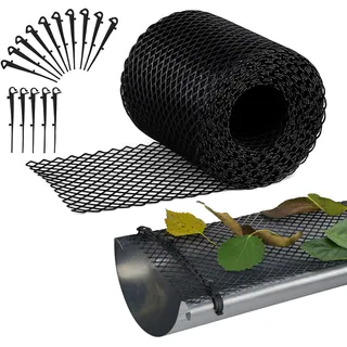 Relaxdays Dachrinnen Laubschutz, 6 m lang, 15 cm breit, mit 15 Clips, wetterfest, Kunststoff, Dachrinnenschutz, schwarz