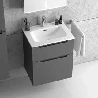 Premium Waschbecken mit Unterschrank 60 cm anthrazit matt lackiert mit zwei Schubladen Waschtisch Badmöbel Badezimmer Schrank Badschrank - Dunkelgrau
