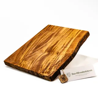 DAS OLIVENHOLZBRETT® Schneidebrett aus Olivenholz xl/Servierbrett aus groß/Tranchierbrett/eine Seite naturbelassen/massives Olivenholzbrett 40cm x30cm x2,5cm