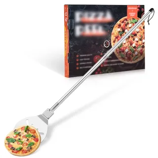 Homikit Pizzaschieber, 22,8 x 25 x 110cm Edelstahl Perforierter Pizzaschaufel, Pizzawender mit Abnehmbaren Metallgriff zum Leichten Gleiten Pizzastein, mit Rund Kanten für Backofen Grill Steinofen