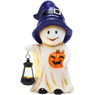 TERESA'S COLLECTIONS Gartendeko für Draußen, Hexengeist mit Solarleuchte, Wetterfeste Halloween Deko aus Kunstharz, Freundlicher Geist mit Kürbis, Halloween Dekoration Outdoor Solar Gartenfigur 27cm