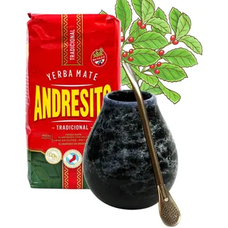 Yerba Mate-Tee Andresito Set ● Argentinien mate tee Andresito 500g ● Keramik mate becher Marmol 350ml ● Keramik Kalebasse mate-tee becher ● Mate-tee loose leaf 0,5kg ● Edelstahl trinkhalm Bombilla