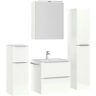 Nobilia Badezimmer , Edelstahlfarben, Weiß Hochglanz , Metall , 5-teilig , 5 Fächer , 3,2 Schubladen , G , 121 cm , Goldenes M, Made in Germany , Griffeauswahl, hängend, Zusatzausstattung erhältlich, Typenvielfalt , Badezimmer, Badmöbelsets & Badmöbelserien, Badmöbel-Sets