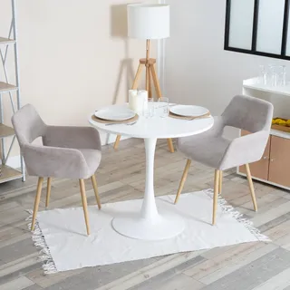 MEUBLE COSY Esstisch mit 2 Esszimmerstühle, Essgruppen, 3er-Set, Runder Esstisch, Küchentisch mit 2 Essstühlen, Stahlgestell, für Esszimmer Küche Wohnzimmer, Weiß + Beige