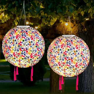 HOVCEH 2 Stück Lampions Außen Wetterfest, 30cm Lampions Led Solar mit Fransen, Außen Hängend Retro Solarlaterne Hängende, Nylon Garten Laterne für Draußen für Garten, Hof, Terrasse, Hochzeit, Party