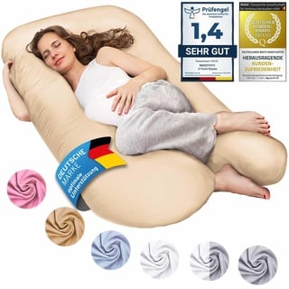 Smoothy XXL Schwangerschaftskissen Seitenschläferkissen, Lagerungskissen, Baby-Kissen & Stillkissen in U-Form mit abnehmbarem & waschbarem Bezug aus 100% Baumwolle (Classic XXL, 150 x 80 cm, Beige)