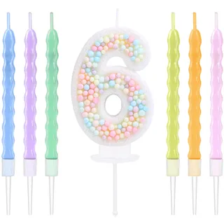EAKE 6 Geburtstagskerzen, Macaron-Glitzer, 3D-Zahlen, 6 Kerzen mit 6 Regenbogen-Perlenkerzen für Geburtstagskuchen, Mädchen, Frauen, süßes Thema, 6. Geburtstag, Kuchendekoration, Party-Dekoration