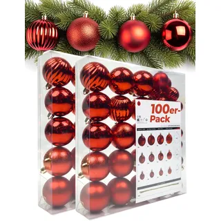 Menz Weihnachtskugeln 100er Rot Mix aus glänzenden matten glitzernden Kugeln 3 4 6cm stilvolle Christbaumkugeln und edle Weihnachtsdeko für Innenbereich